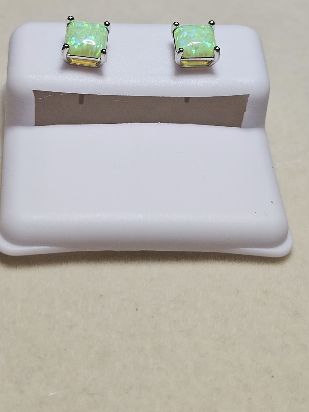 Green Natural Opal Square Stud Earrings - 925 Sterling Silver - Picture 10 of 11